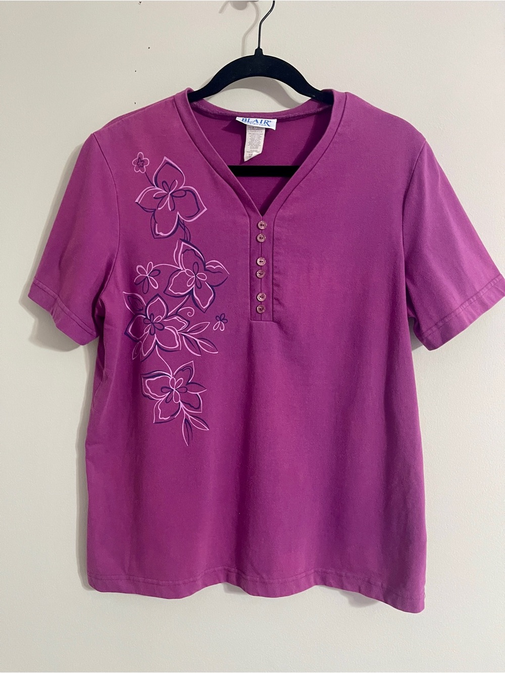 Vintage Blair Purple Henley Cotton Top Sz M Floral Detail Cottagecore Grandma